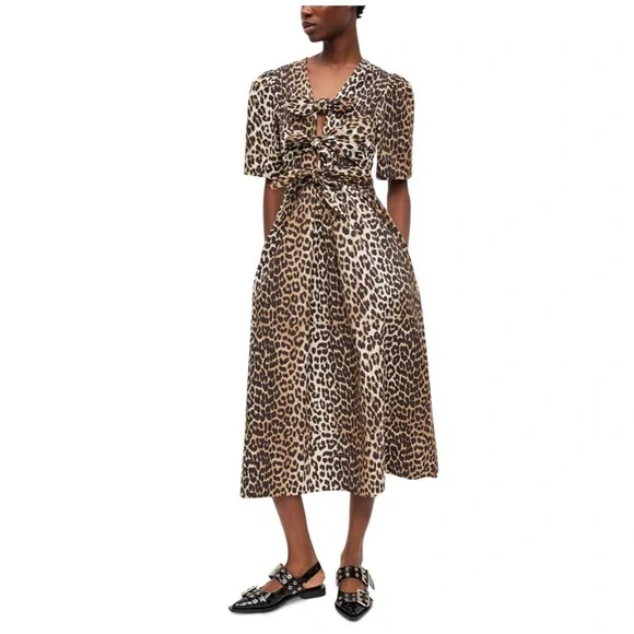 GANNI Leopard Printed Cotton Tie Strap Midi Dress - Picture 1 of 8